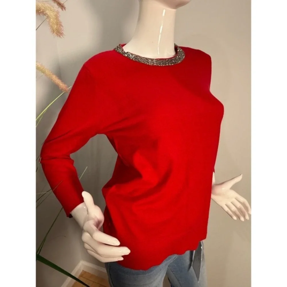 Liz Claiborne‎ Red Jeweled Neck 3/4 Sleeve Sweater Top Elegant Knit Size L NEW